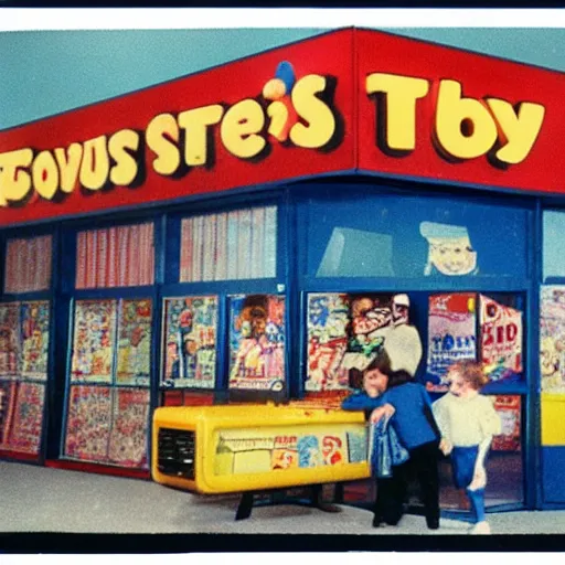Image similar to 1 9 8 0's toys r us store, 1 6 mm film, 1 9 1 0 s, autochrome