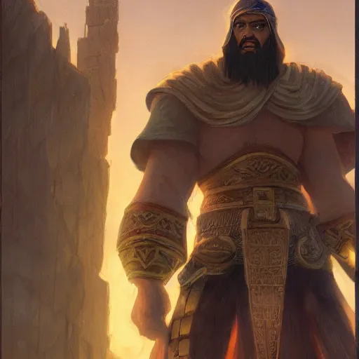 Image similar to 17 year old middle eastern skinned boy standing strong. Goliath, the Giant man stands behind. Cinematic, epic by andreas rocha and john howe, and Martin Johnson