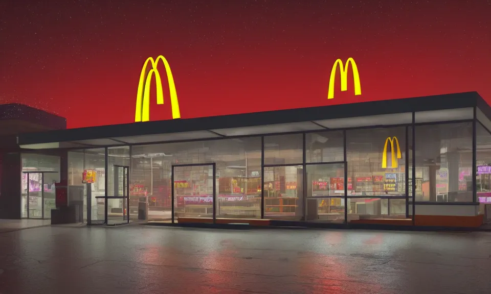 Image similar to exterior shot of a mcdonalds in a cyberpunk city, at night, neon lights, light bloom, octane render, rainy, reflections