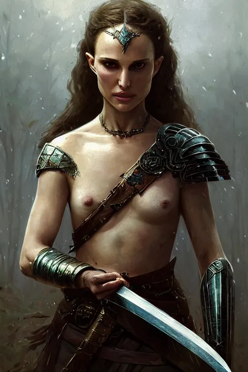 Image similar to natalie portman, legendary warrior, heroic fighter, lord of the rings, tattoos, decorative ornaments, battle armor, by carl spitzweg, ismail inceoglu, vdragan bibin, hans thoma, greg rutkowski, alexandros pyromallis, perfect face, finely detailed, realistic shading