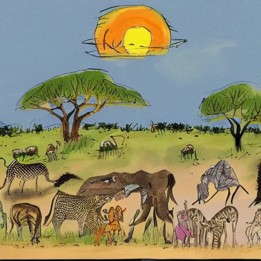 Image similar to quentin blake illustration of a safari at sunset