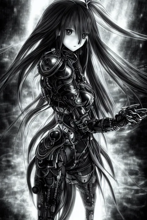 Image similar to a vertical portrait of a character in a scenic environment by Yoshitaka Amano, black and white, dreamy, cybernetic armor, wavy long black hair, highly detailed