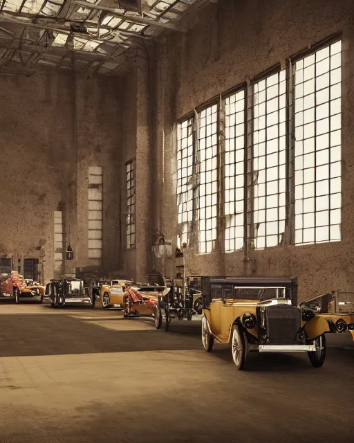 Image similar to interior of historic large factory with luxury cars of 1920s, volumetric lighting, sepia tones, hyper realism, high detail, octane render, high contrast , 8k
