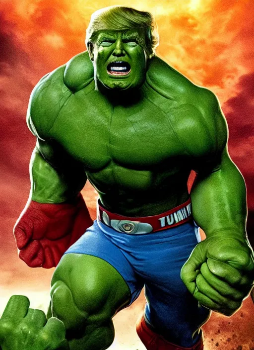 Image similar to donald trump as the hulk, green, superhero movie poster still, 4 k