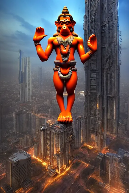 Image similar to high quality 3 d cyberpunk biomorphic hanuman! head building in the middle of mumbai!!, highly detailed, cinematic smooth, stephen shore & john j. park, soft morning light, wide shot, high angle, uhd 8 k, sharp focus