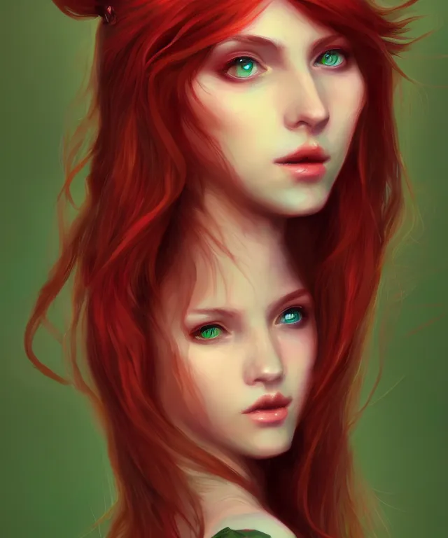 Image similar to Fae teenage girl, portrait, face, long red hair, green highlights, fantasy, intricate, elegant, highly detailed, digital painting, artstation, concept art, smooth, sharp focus, illustration