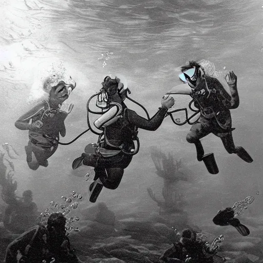 Image similar to scuba diving in the 1700s, horror, hyper realistic, dark,
