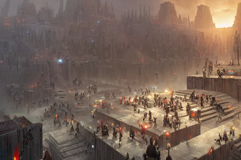 Image similar to brutalist Aztec architecture, crowds at the sacrifice, Jessica Rossier and andreas rocha