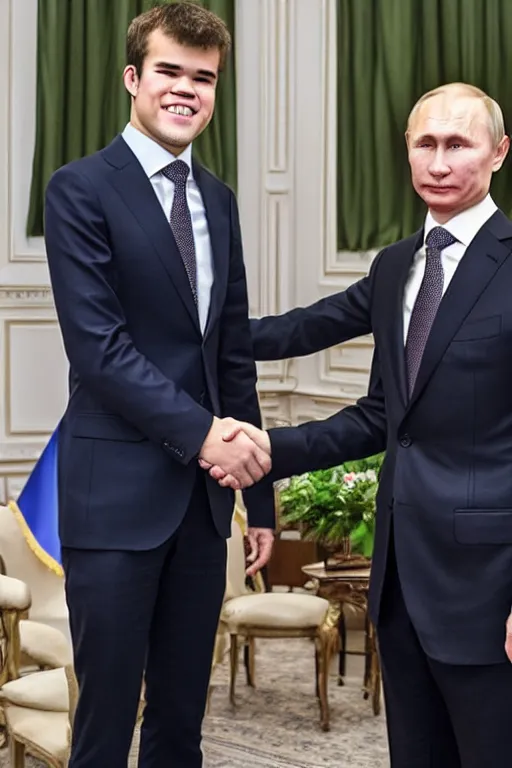 Prompt: Chess champion Magnus Carlsen shaking hands with Vladimir Putin, official photo, Sigma 50mm f/5.6, extremely detailed, photorealistic, high quality