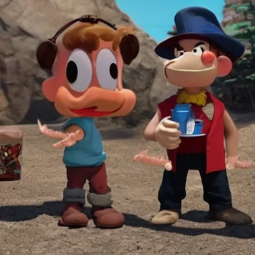 Image similar to a still of from the movie the goonies crossover with the game cuphead