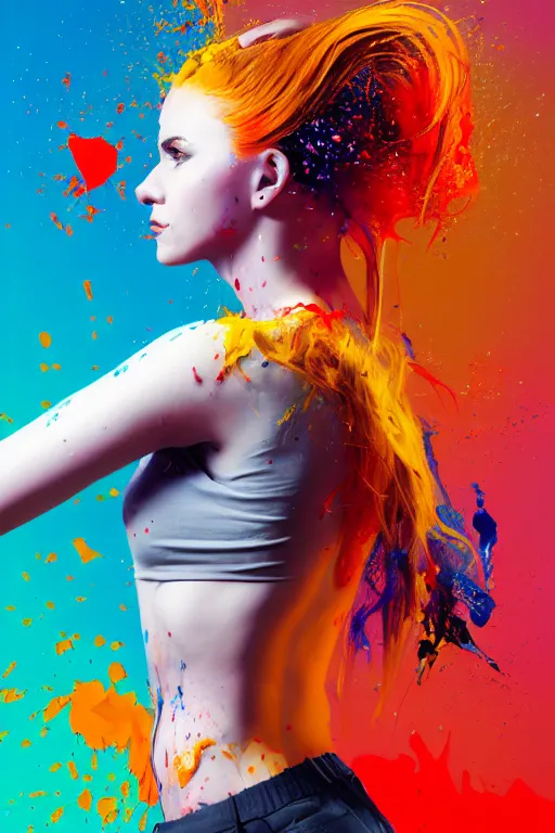 Image similar to a award winning half body portrait of a beautiful woman in a croptop and cargo pants with ombre red orange yellow hairstyle with head in motion and hair flying, paint splashes, splatter, outrun, vaporware, shaded flat illustration, digital art, trending on artstation, highly detailed, fine detail, intricate