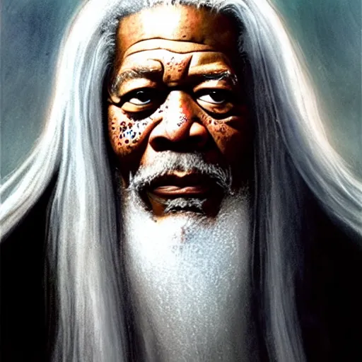 Prompt: evil morgan freeman as evil wizard saurman the white, long white hair and white beard, beautiful pure white warlock flowing robes, long black wizard staff by alan lee, lord of the rings, smooth, oil painting, matte painting, concept art, trending on artstation, promotional artwork, film still, elegant, photorealistic facial features, intricate, detailed face, cinematic lighting