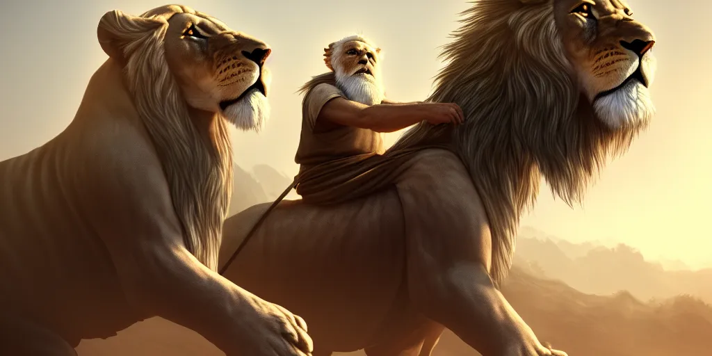 Prompt: hooded wise old man ( long white beard wearing a brown tunic ), riding majestically on a beautiful lions back, epic digital art, cinematic, trending on artstation, superb detail 8 k masterpiece