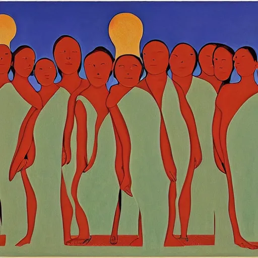 Prompt: soft, curvaceous by mati klarwein, by marsden hartley, by tatsuro kiuchi. a beautiful experimental art of a group of people standing in a line. they are all facing the same direction & appear to be waiting for something.