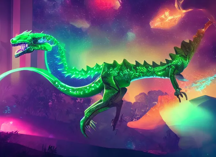 Image similar to a cg render of a colorful 🐉 as 🦕 in a noir galactic jungle, 8 k, unreal engine, detailed, hyperrealistic, octane