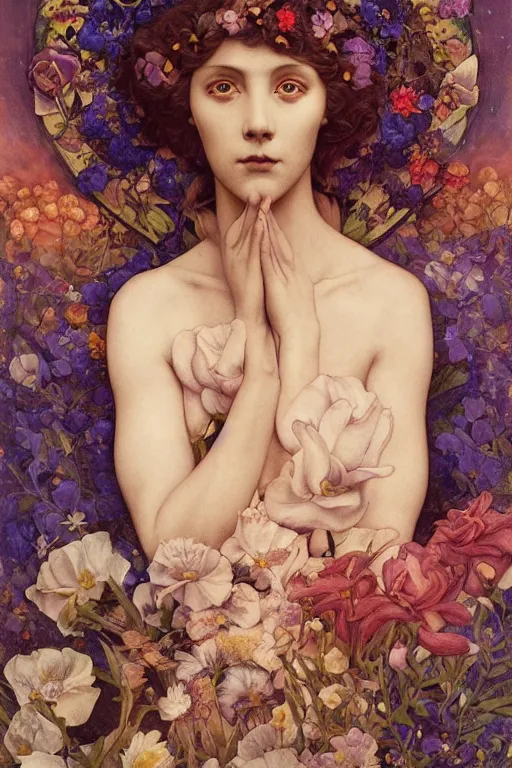 Image similar to flower maiden, by annie swynnerton and tino rodriguez and charlie bowater and tom bagshaw and nicholas roerich and jean delville and evelyn de morgan and lucien freud, dramatic lighting, floral tattoos, rich colors, smooth sharp focus, anime key visual, extremely detailed, adolf wolfli