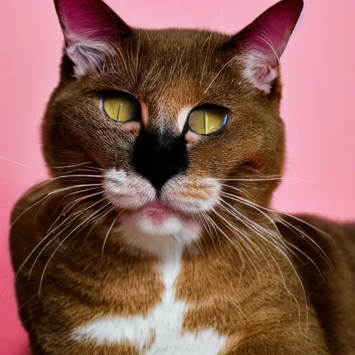 Prompt: photo of a pink cat with pink fur, eating a hamburger, biting a hamburger