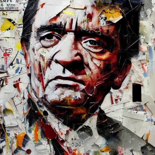 Image similar to hyperrealistic, photorealistic, mixed media oil painting of johnny cash, magazine scraps, plaster, blood, oil, mustard, cigarettes, splatter, trending on artstation, award - winning painting, greg rutkowski, basquiat, ralph steadman, terry gilliam