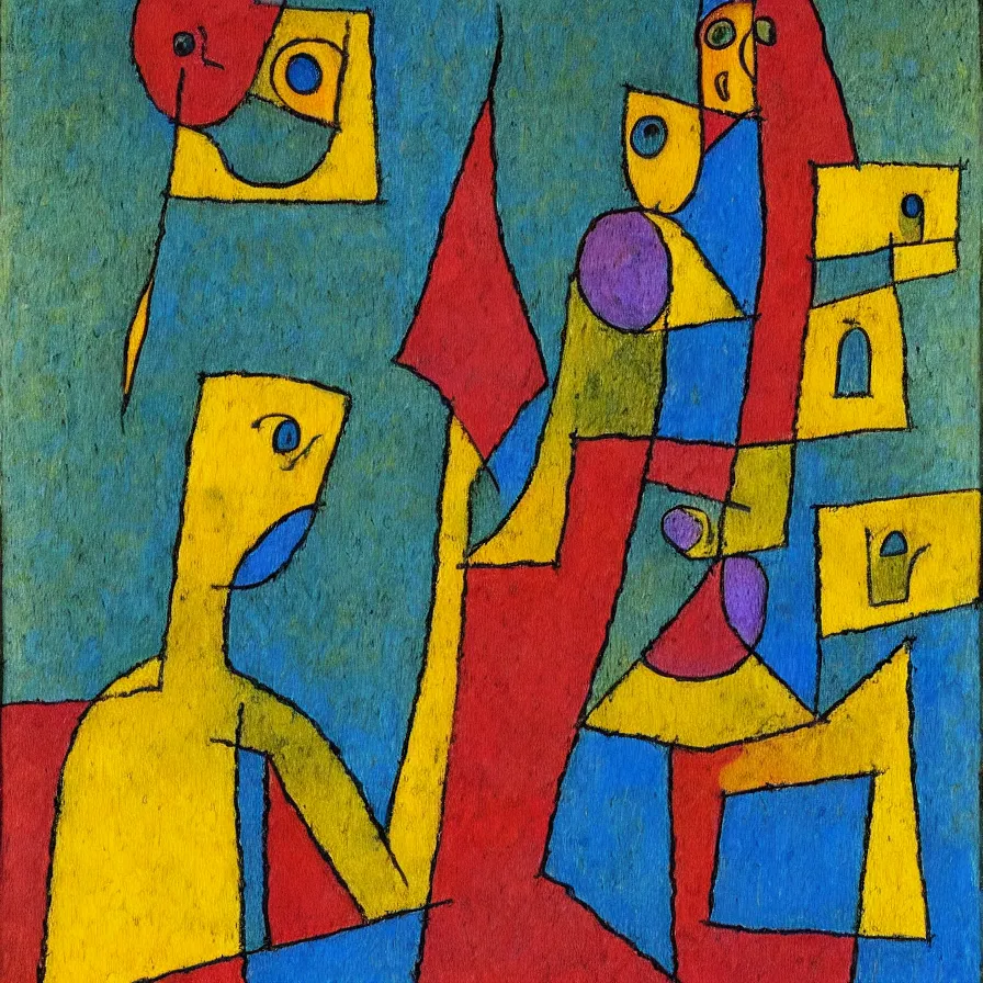 Prompt: a painting in the style of paul klee, a man looks through the window of an old house and sees a woman in a blue dress surrounded by sun flowers