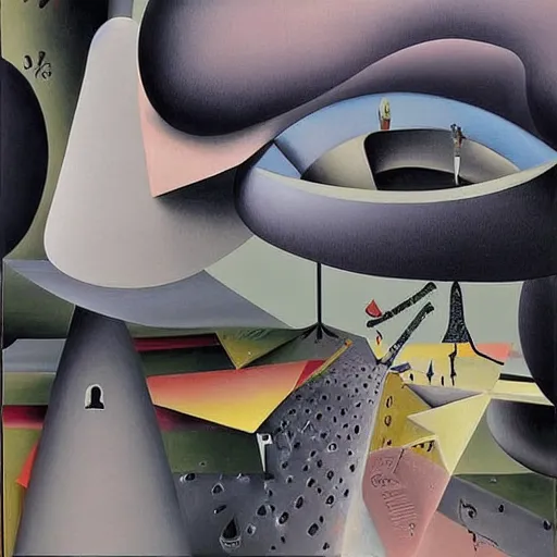 Prompt: “painterly depiction of the play Eugene Ionesco’s play ‘Naive Oculus’ by the painter Yves Tanguy”