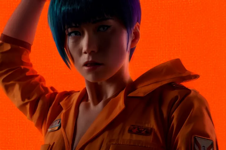 Image similar to major motoko wearing an orange prison jumpsuit hologram of a screaming child to her right, photography by fred palacio medium full shot still from bladerunner 2 0 4 9, sci fi, bladerunner, canon eos r 3, f / 3, iso 2 0 0, 1 / 1 6 0 s, 8 k, raw, unedited