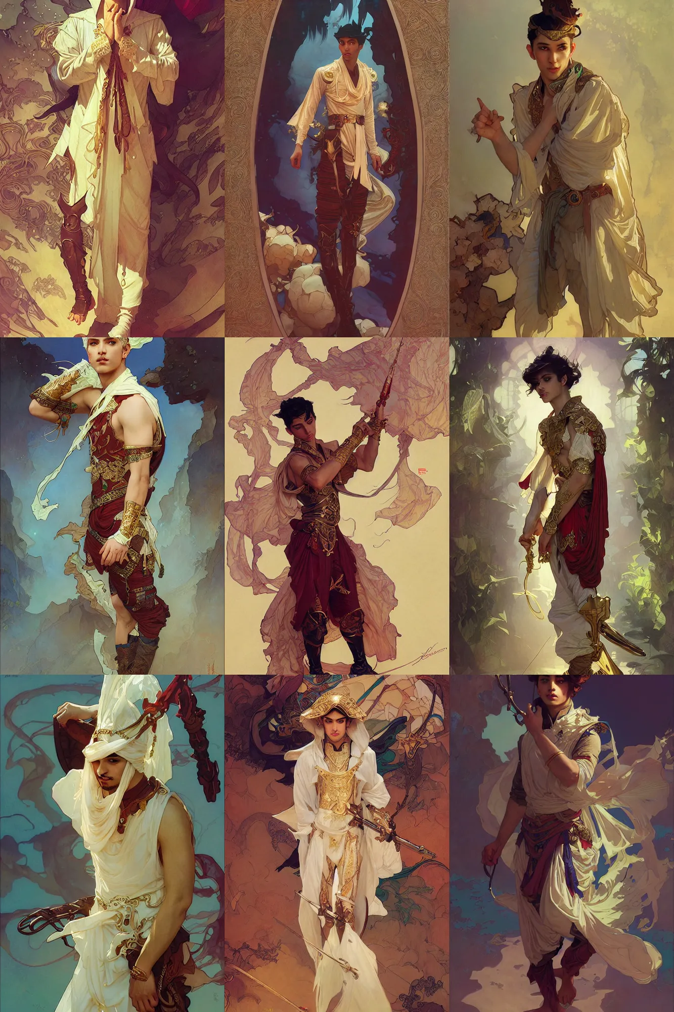 Prompt: young male, arabian costume, fantasy, smooth, art by joseph leyendecker, peter mohrbacher, ruan jia, marc simonetti, ayami kojima, cedric peyravernay, alphonse mucha, victo ngai