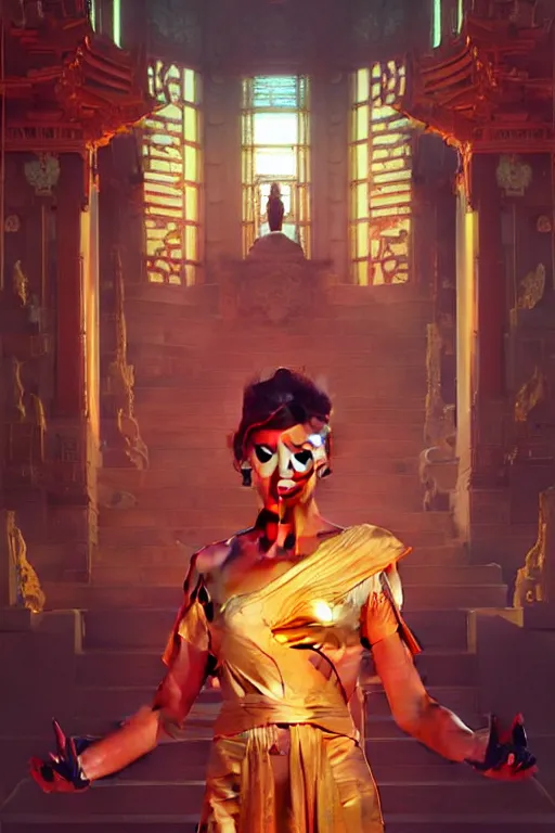 Image similar to temple, taoism, synthwave, painting by greg rutkowski, j. c. leyendecker, artgerm