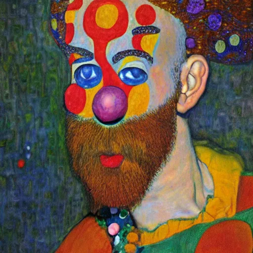 Image similar to detailing character concept portrait of clown by Gustav Klimt, on simple background, oil painting, middle close up composition