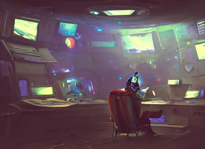 Image similar to a man sitting on a chair with things attached to his head, screens and monitors in front of him playing videos, ship interior, scifi, dramatic lighting, concept art, surreal