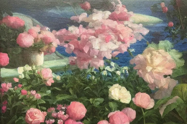 Prompt: classicism oil painting, cube of the ocean in the middle of a blooming garden, soft light, soft gentle colors, in style of classicism mixed with 8 0 s japanese sci - fi books art