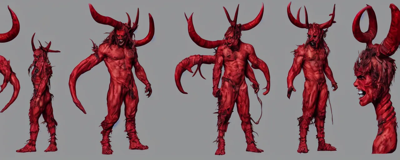 Prompt: character design, reference sheet, Young teenage demon cast out from hell, Two horns on side of head, mohawk, red skin, concept art, photorealistic, hyperdetailed, 3d rendering! , art by Marc Brunet and Gainax],