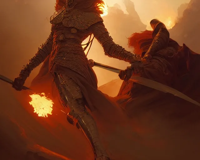 Image similar to battle of kings, fire and dust, action, dramatic lighting, intricate, wild, highly detailed, digital painting, artstation, concept art, smooth, sharp focus, illustration, art by artgerm and greg rutkowski and alphonse mucha