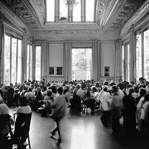 Image similar to A beautiful photograph of a large room with many people in it. There is a lot of activity going on, with people talking and moving around. The room is ornately decorated and there is a large window at one end. by Bruce Davidson