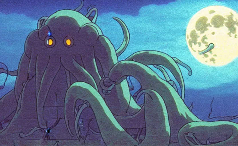 Image similar to a still from a studio ghibli movie of a cartoon cthulhu from princess mononoke ( 1 9 9 7 ) firing laser beams from its eyes in front of a pale full moon, full body, wide shot, very dull muted colors, studio ghibli, highly detailed, deviantart, art by artgem