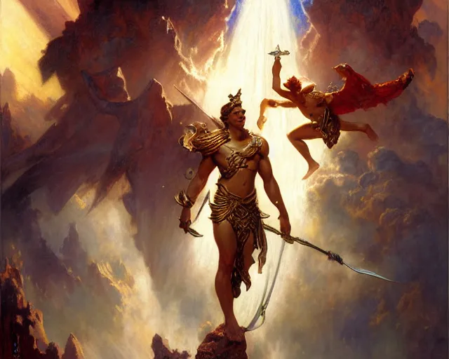 Image similar to attractive heroic male deity, summons handsome heroic lucifer morning star. highly detailed painting by gaston bussiere, craig mullins, j. c. leyendecker 8 k