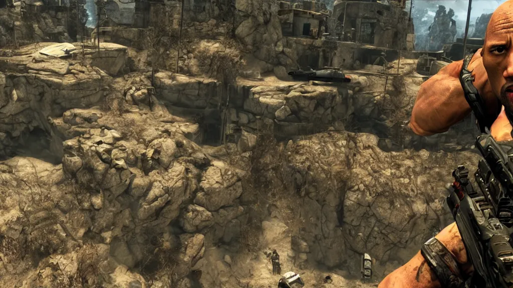 Image similar to dwayne the rock johnson, dwayne the rock johnson in the call of duty zombies map tranzit, black ops 2 tranzit, screenshot