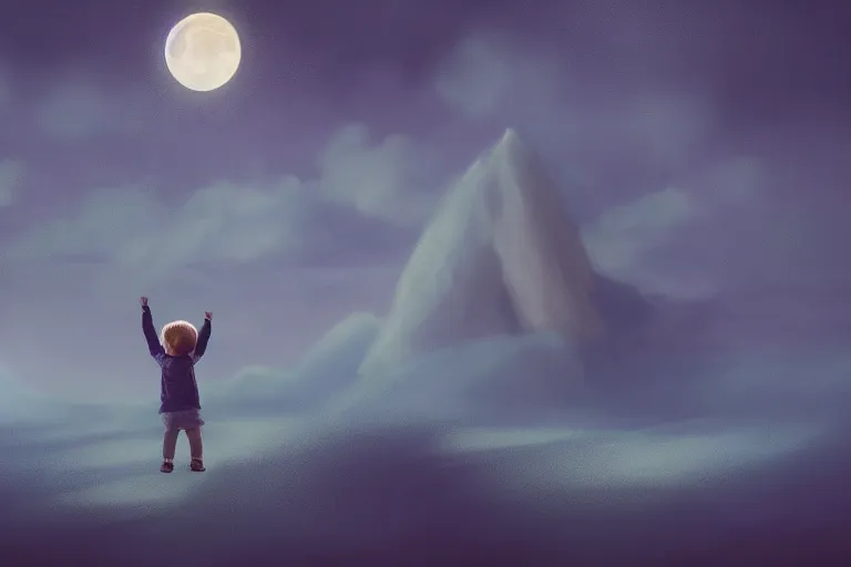 Prompt: a cute little boy and a girl wave their hands for camera, dreamy matte painting, night time, volumetric lighting, smooth, trending on artstation, moonlit backdrop