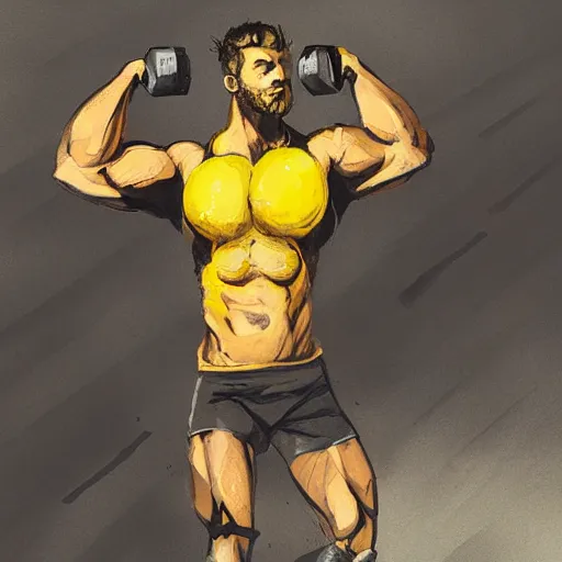 Image similar to lemon gigachad working out by greg rutkowski