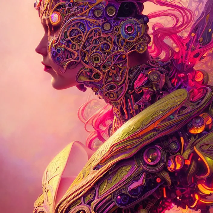 Prompt: bright psychedelic portrait of organic cyborg, wings, volumetric smoke, diffuse lighting, fantasy, intricate, elegant, highly detailed, lifelike, photorealistic, digital painting, artstation, illustration, concept art, smooth, sharp focus, art by John Collier and Albert Aublet and Krenz Cushart and Artem Demura and Alphonse Mucha