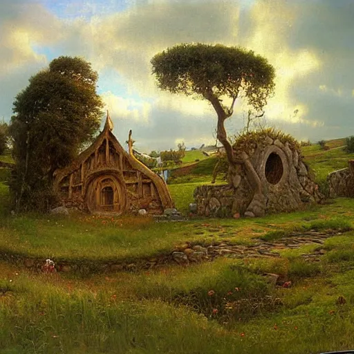 Image similar to Hobbiton painted by Ivan Kramskoi