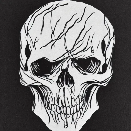 Image similar to burning skull outline, black ink on white paper