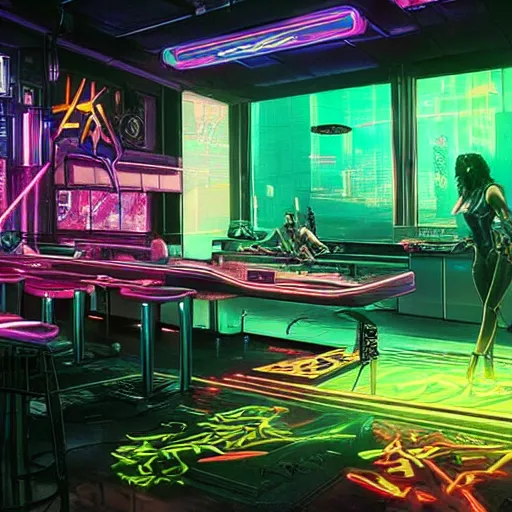 Prompt: cyberpunk 2077 nightclub, 5 gang members shit in a dark neon lit nightclub booth, with a holographic stripper projected from the table in the middle of them all. The stripper is performing salacious acts with a white snake, she is covered in neon tattoos. Trending on art startion, highly detailed, 8k, concept art, syd mead