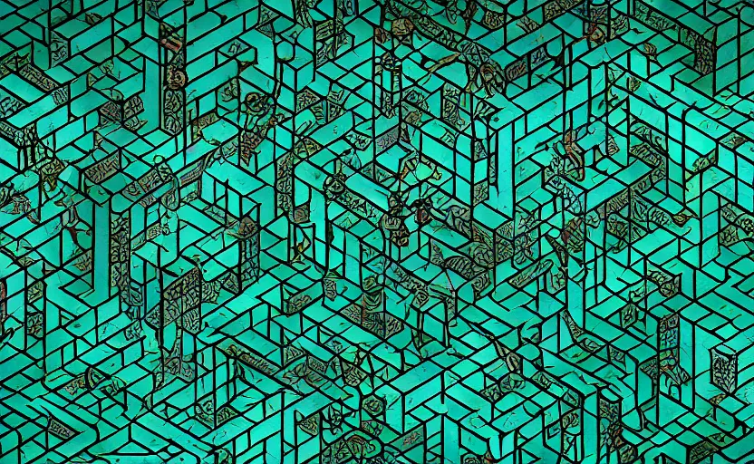 Image similar to interior of an elaborate labyrinth of runic cubes, ancient overgrown, dark teal, endless maze - like runes, sharp high detail, masterpiece by satoshi kon, crystal cubism, greeble, tesseract, darksynth, high definition