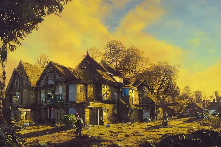 Prompt: cyberpunk, an estate agent listing external photo of a 5 bedroom detached house made of gold in the countryside, sunny day, clear skies, by Paul Lehr