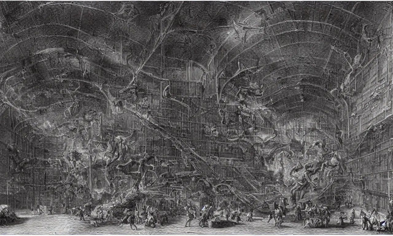 Image similar to dark glowing cargo hall and corridors of huge space ship halls cages with strange animals detailed piranesi lithography