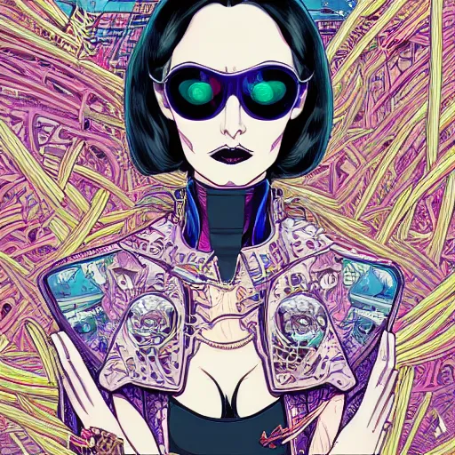 Prompt: hyper detailed comic illustration of a cyberpunk Morticia Addams wearing a futuristic sunglasses and a gorpcore jacket, markings on her face, by Josan Gonzalez and Geof Darrow, intricate details, vibrant, solid background, low angle fish eye lens