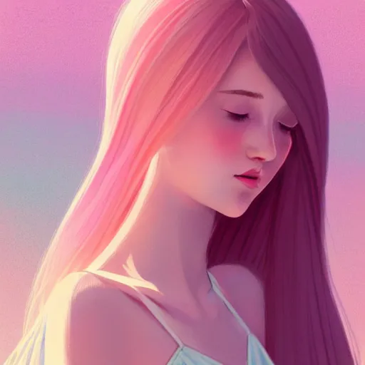 Image similar to young female in summer dress art, pastel light pink long hair, muted colors, matte print, pastel colors, ornate, digital art, digital painting, fan art, elegant, artstation, head is centered, by Ilya Kuvshinov