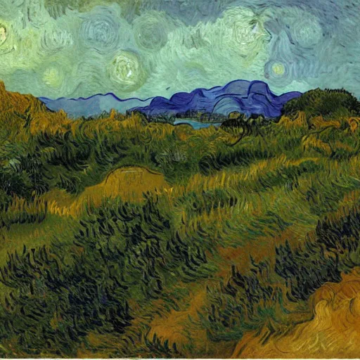 Prompt: painting of a lush natural scene on an alien planet by vincent van gogh. beautiful landscape. weird vegetation. cliffs and water.