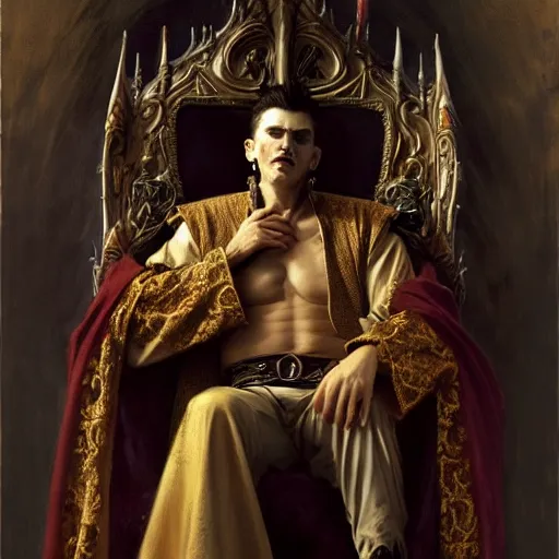 Image similar to perfectly centered portrait of attractive vampire king in a robe sitting on a throne of bones, highly detailed painting by gaston bussiere, craig mullins, j. c. leyendecker, 8 k