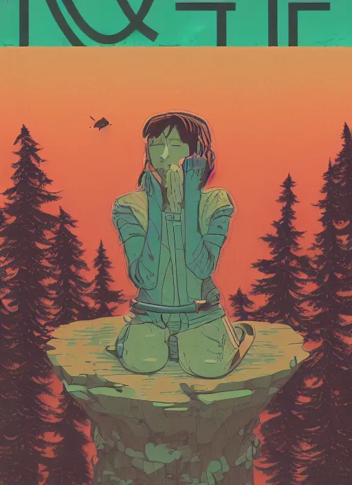 Prompt: an indie game poster of a translucent cyberpunk explorer meditating on an ancient platform in the middle of a dense forest, midnight, risograph by laurie greasley, kawase hasui, josan gonzalez, ghostshrimp, moebius, colourful flat surreal design, in the style of oxenfree, super detailed, a lot of tiny details